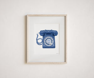Blue and White Floral Vintage Phone Watercolor Art Print