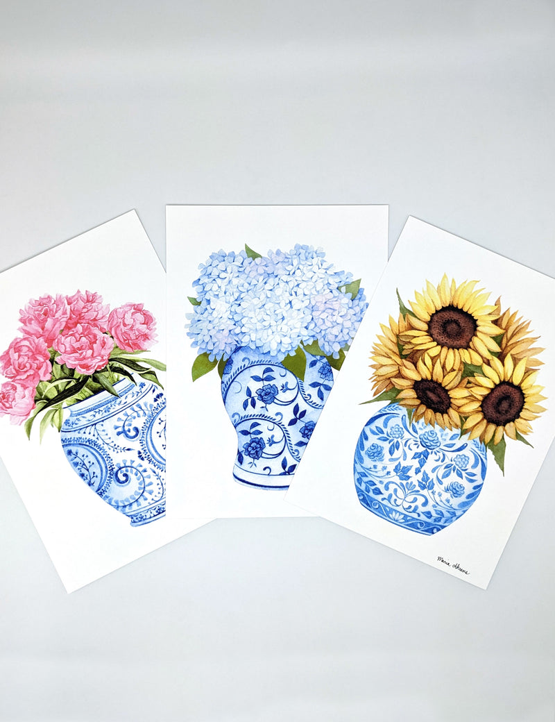 Ginger Jar Trio Watercolor Art Prints Set of Three 5"x7" Peonies, Hydrangeas and Sunflowers