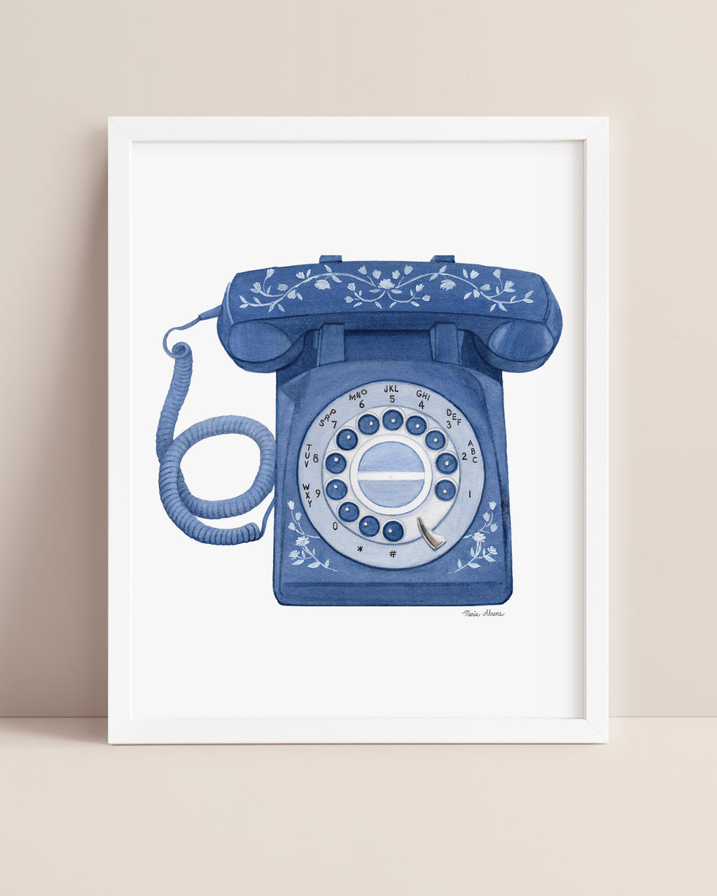 Blue and White Floral Vintage Phone Watercolor Art Print