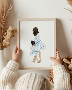 Mother Daughter Dancing Art Print with customizable hair and skin tones