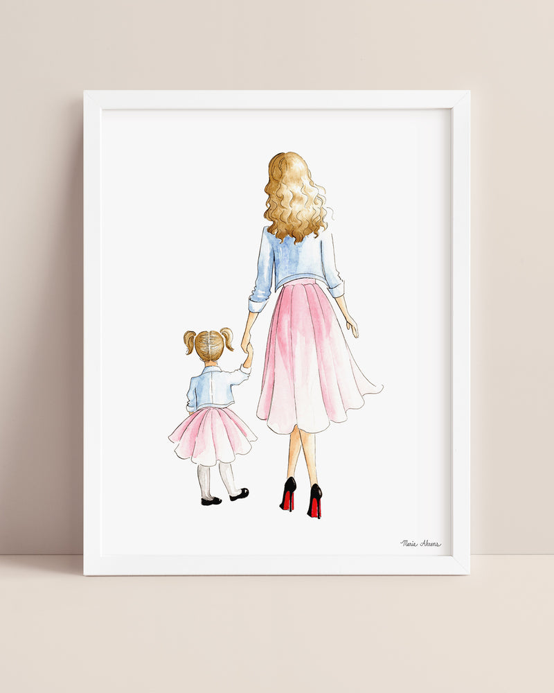 Customizable Mother Daughter Fashion Illustration Watercolor Art Print