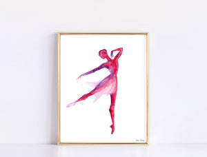 Ballerina Watercolor Art Print in Red and Purple