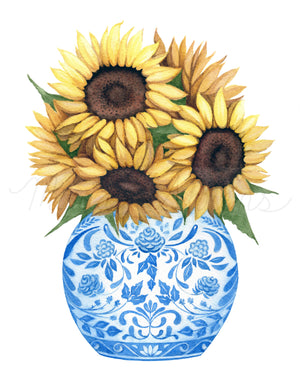 Ginger Jar Sunflowers Watercolor Art Print