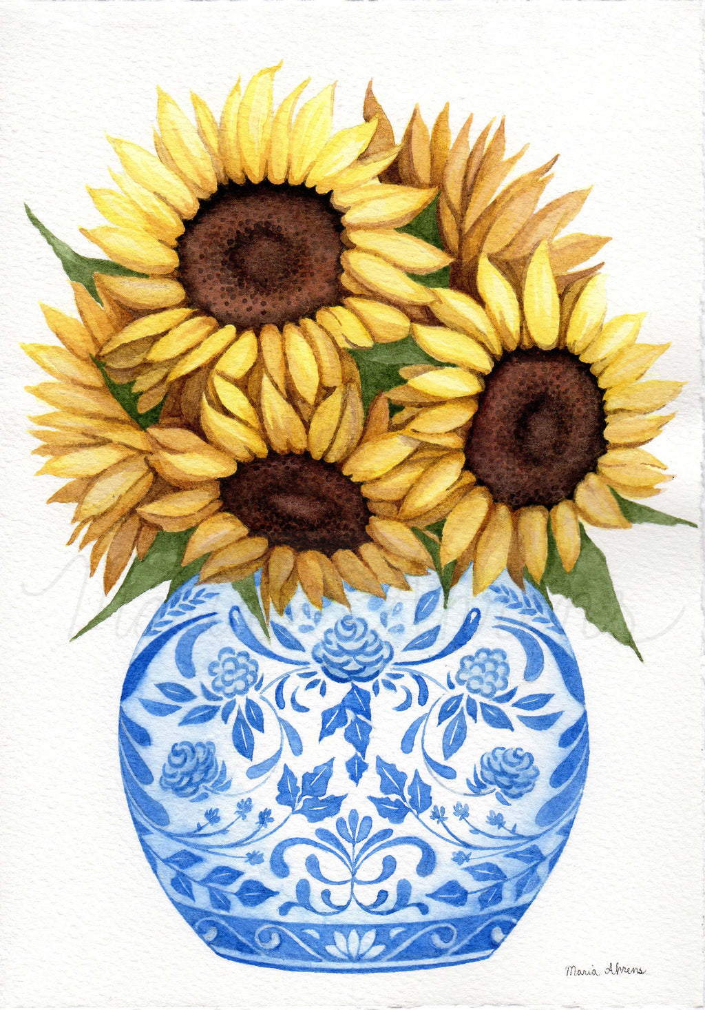Ginger Jar Sunflowers Original Watercolor Painting