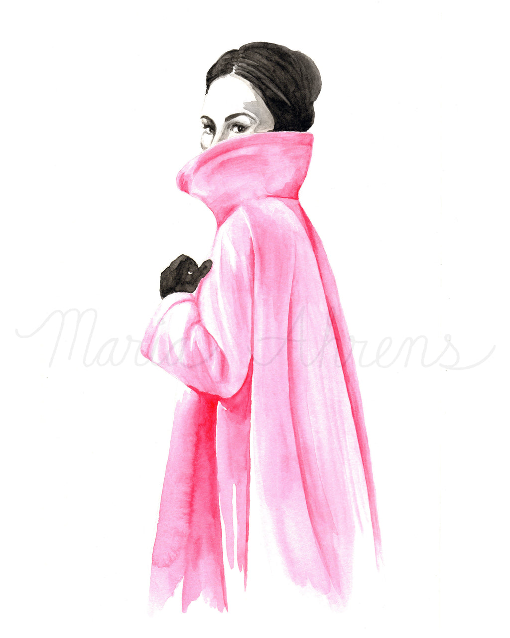 Pink Coat Leaving Fashion Illustration Watercolor Art Print